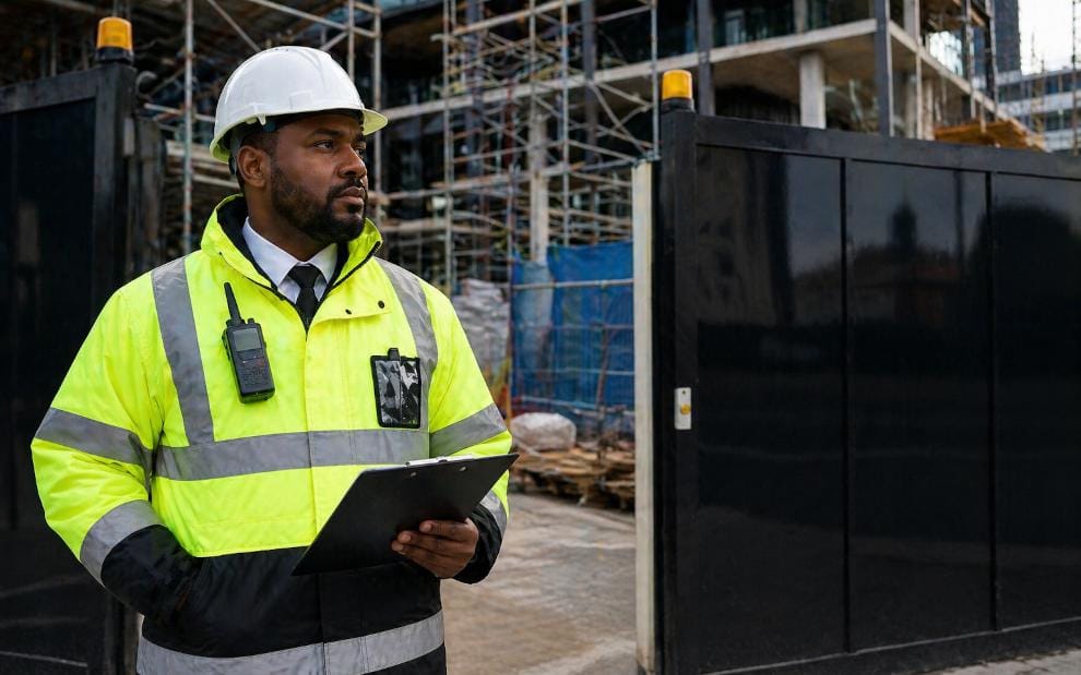 Construction Site Security Officer at Entrance with Hi-Vis and Hard Hat