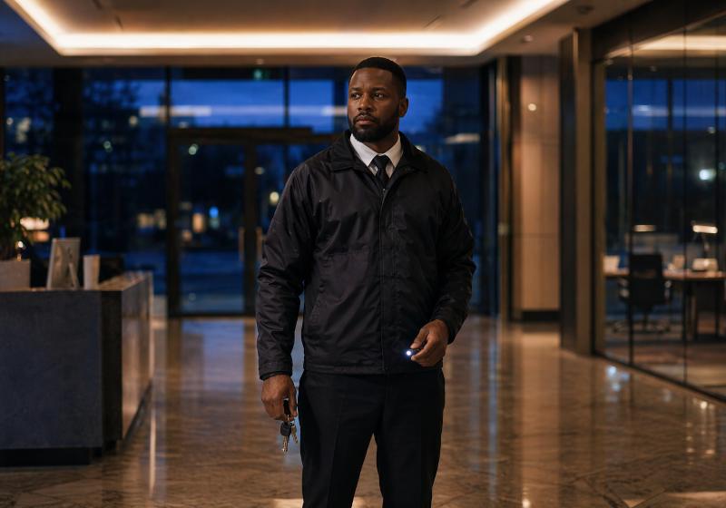 Professional security officer in a modern UK office reception at dusk, standing alert with keys and torch. Clean, corporate setting with warm lighting and a calm, secure atmosphere.