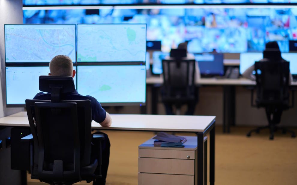 Man in security control centre monitors activity