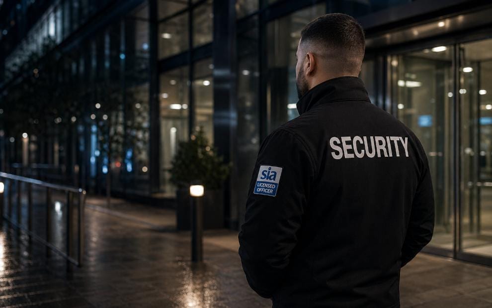 Professional Security Guard Monitoring Office Building Entrance at Night
